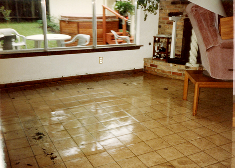After the second, more minor flood of 1989—only a few inches in the house! Note the teak coffee table—hard, durable wood for floods.